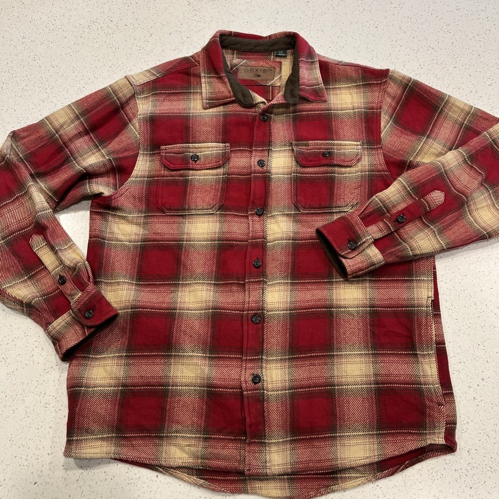 Orvis Shacket Men's Large Red‎ Plaid Shirt Jacket Heavy Flannel Button Pockets L